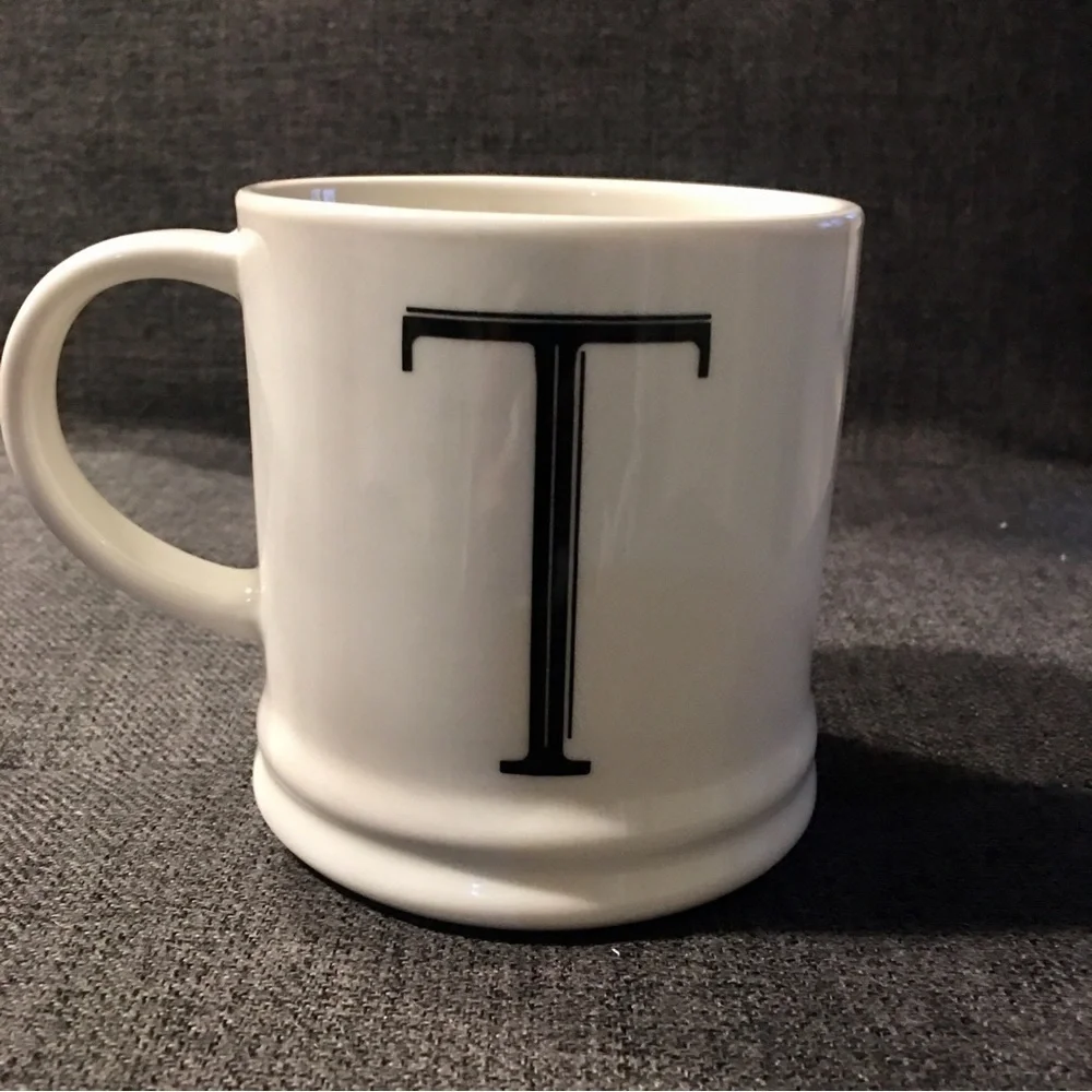 “T” Initial Coffee Mug, White, Black, 15 oz